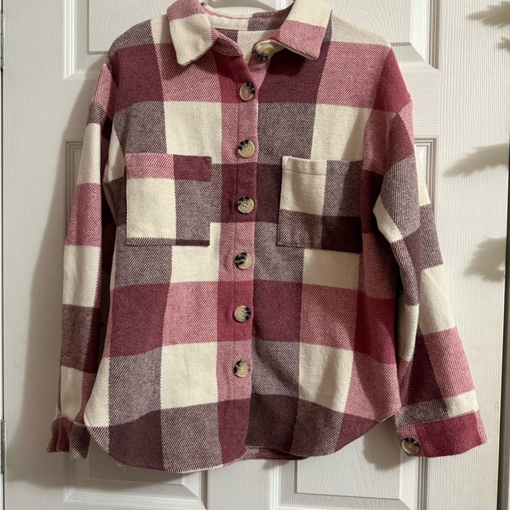 Plaid Button-Up Shirt in Burgundy and Cream